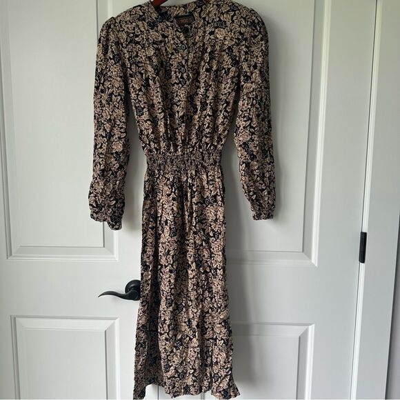 Vintage Virgo II Size 6 Neutral Floral A-Line Long Sleeve Midi Dress - Picture 2 of 4